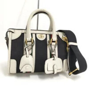 GUCCI Shoulder Bag Sherry Leather GG Canvas Black Off White